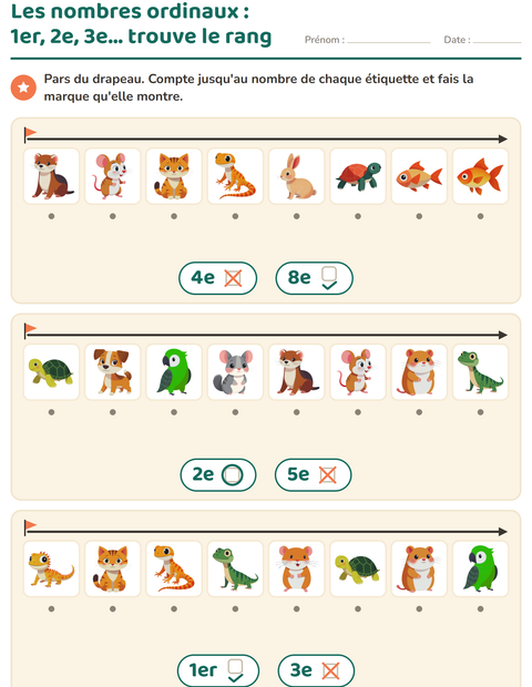 Aperçu de la fiche Les nombres ordinaux avec Animaux de compagnie pour École maternelle (grande section, 5-7 ans)