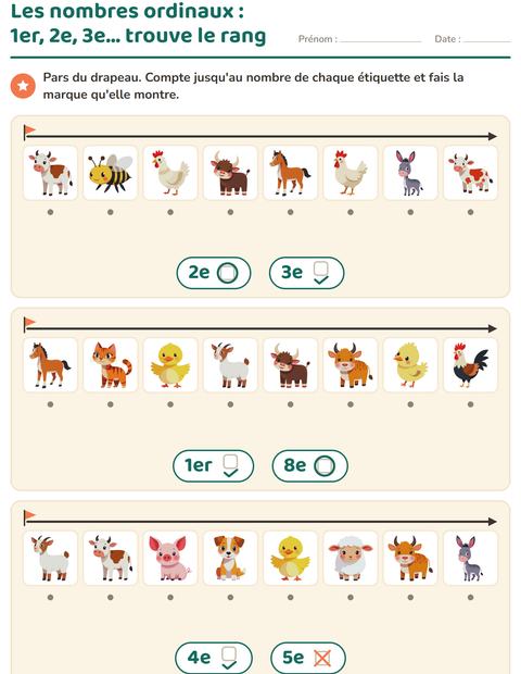 Aperçu de la fiche Les nombres ordinaux avec Animaux de la ferme pour École maternelle (grande section, 5-7 ans)