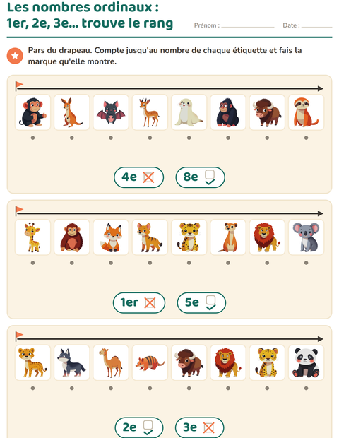 Aperçu de la fiche Les nombres ordinaux avec Animaux du zoo pour École maternelle (grande section, 5-7 ans)