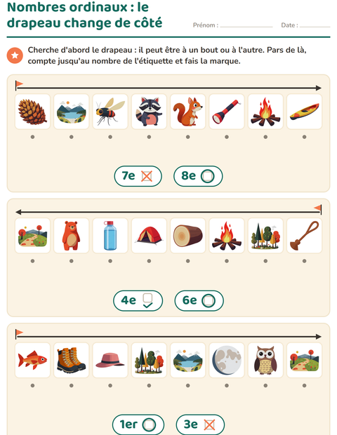 Aperçu de la fiche Les nombres ordinaux avec Camping pour École maternelle (grande section, 5-7 ans)