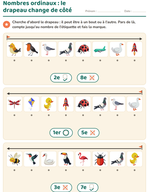Aperçu de la fiche Les nombres ordinaux avec Choses qui volent pour École maternelle (grande section, 5-7 ans)