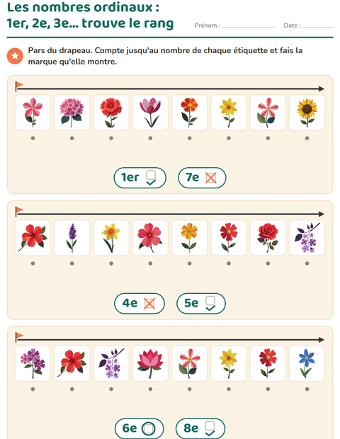 Aperçu de la fiche Les nombres ordinaux avec Fleurs pour École maternelle (grande section, 5-7 ans)