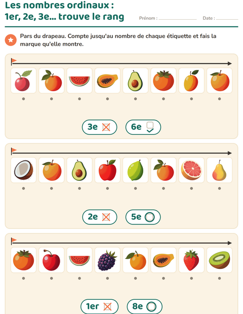 Aperçu de la fiche Les nombres ordinaux avec Fruits pour École maternelle (grande section, 5-7 ans)