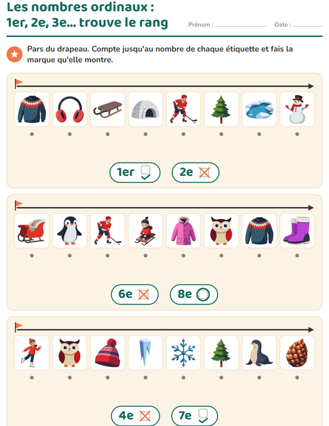 Aperçu de la fiche Les nombres ordinaux avec Hiver pour École maternelle (grande section, 5-7 ans)