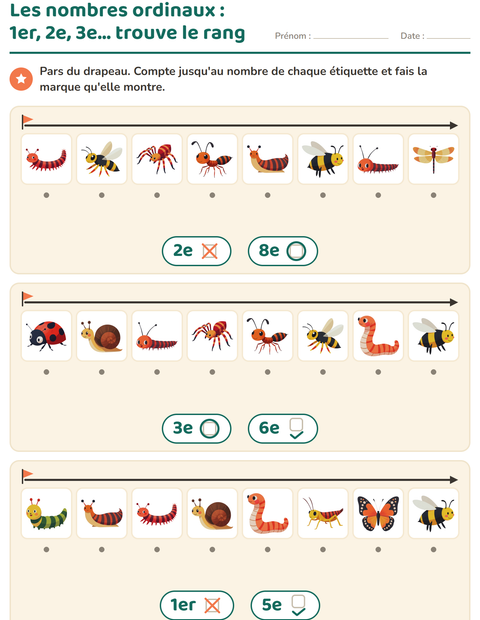 Aperçu de la fiche Les nombres ordinaux avec Insectes et bestioles pour École maternelle (grande section, 5-7 ans)