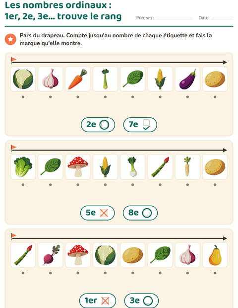 Aperçu de la fiche Les nombres ordinaux avec Légumes pour École maternelle (grande section, 5-7 ans)