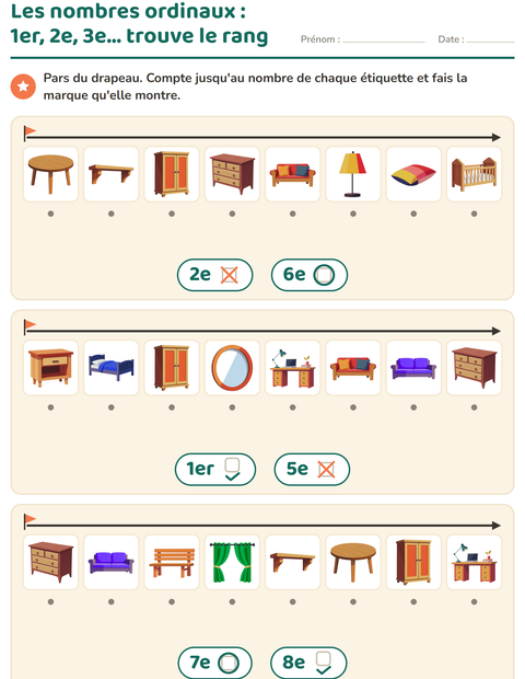 Aperçu de la fiche Les nombres ordinaux avec Meubles pour École maternelle (grande section, 5-7 ans)