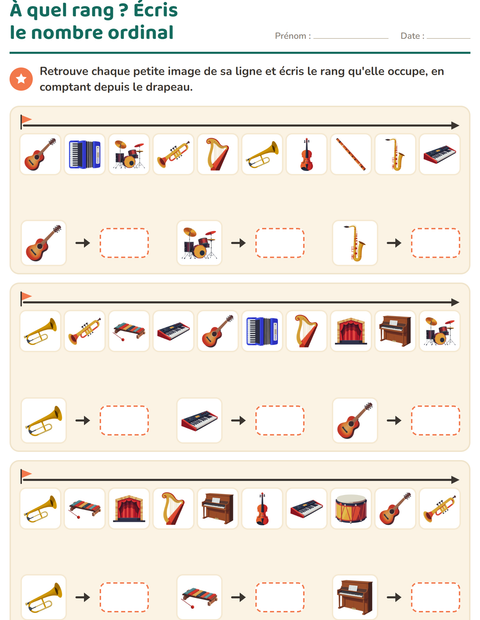 Aperçu de la fiche Les nombres ordinaux avec Musique pour CP (cours préparatoire)