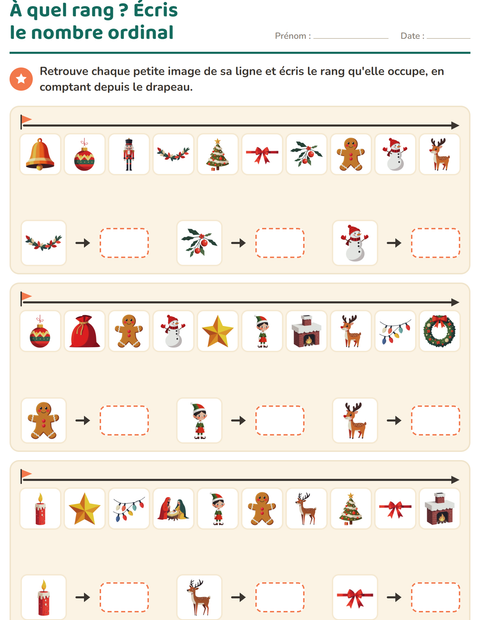 Aperçu de la fiche Les nombres ordinaux avec Noël pour CP (cours préparatoire)