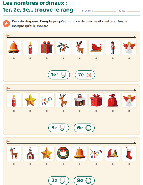 Aperçu de la fiche Les nombres ordinaux avec Noël pour École maternelle (grande section, 5-7 ans)