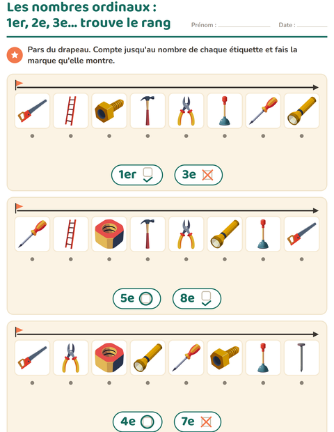 Aperçu de la fiche Les nombres ordinaux avec Outils pour École maternelle (grande section, 5-7 ans)