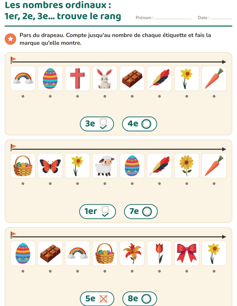 Aperçu de la fiche Les nombres ordinaux avec Pâques pour École maternelle (grande section, 5-7 ans)