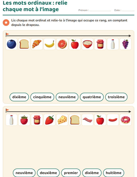 Aperçu de la fiche Les nombres ordinaux avec Petit-déjeuner pour CP (cours préparatoire)