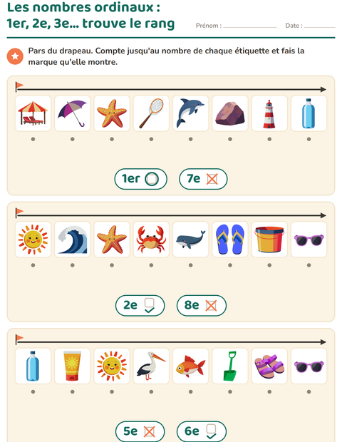 Aperçu de la fiche Les nombres ordinaux avec Plage pour École maternelle (grande section, 5-7 ans)