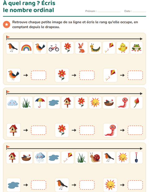 Aperçu de la fiche Les nombres ordinaux avec Printemps pour CP (cours préparatoire)
