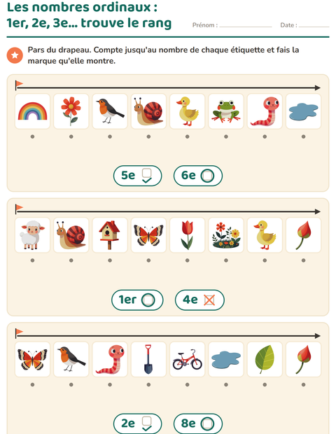 Aperçu de la fiche Les nombres ordinaux avec Printemps pour École maternelle (grande section, 5-7 ans)