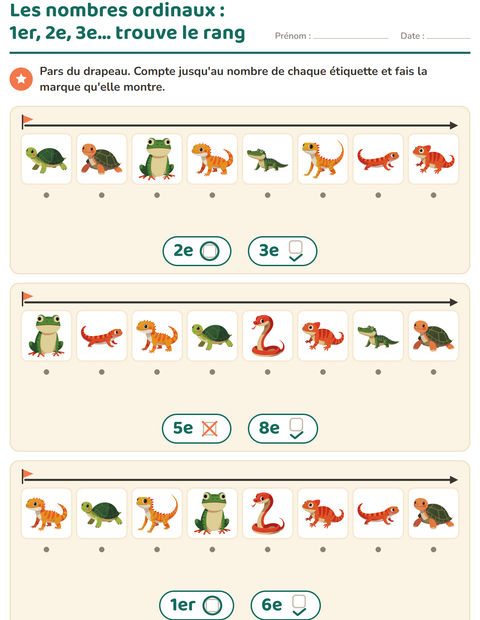 Aperçu de la fiche Les nombres ordinaux avec Reptiles et amphibiens pour École maternelle (grande section, 5-7 ans)