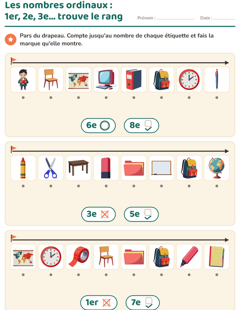 Aperçu de la fiche Les nombres ordinaux avec Salle de classe pour École maternelle (grande section, 5-7 ans)