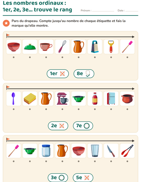 Aperçu de la fiche Les nombres ordinaux avec Ustensiles de cuisine pour École maternelle (grande section, 5-7 ans)