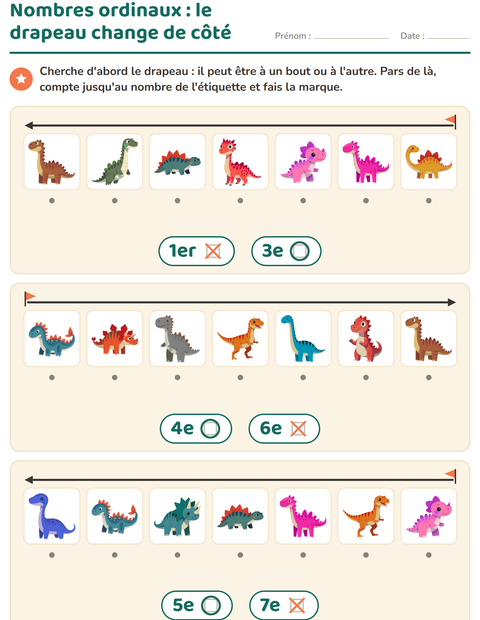 Aperçu de la fiche Les nombres ordinaux avec Dinosaures pour École maternelle (grande section, 5-7 ans)