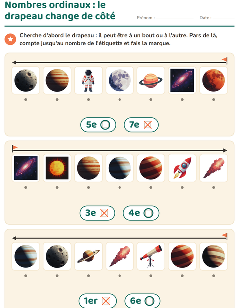 Aperçu de la fiche Les nombres ordinaux avec Espace pour École maternelle (grande section, 5-7 ans)