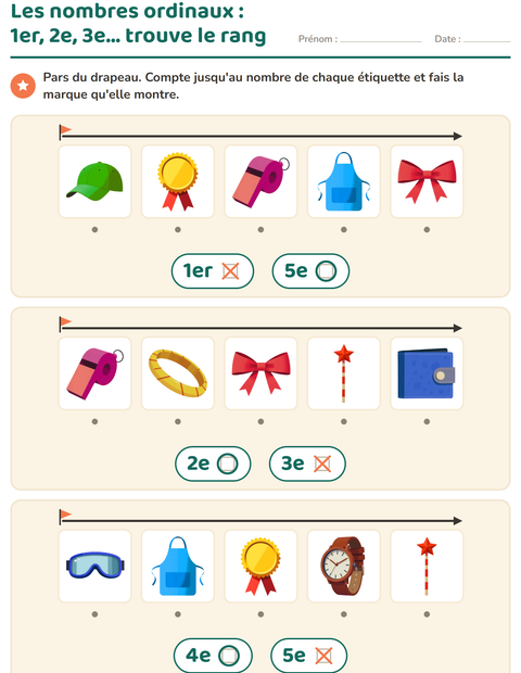 Aperçu de la fiche Les nombres ordinaux avec Accessoires pour École maternelle (grande section, 5-7 ans)