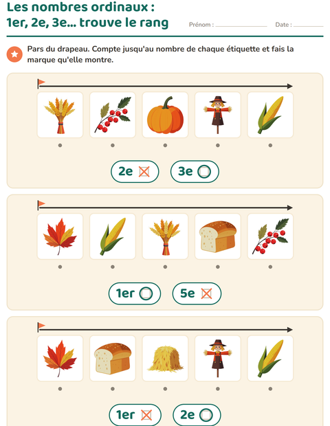 Aperçu de la fiche Les nombres ordinaux avec Action de grâce pour École maternelle (grande section, 5-7 ans)