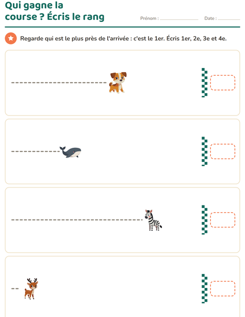 Aperçu de la fiche Les nombres ordinaux avec Animaux pour CP (cours préparatoire)