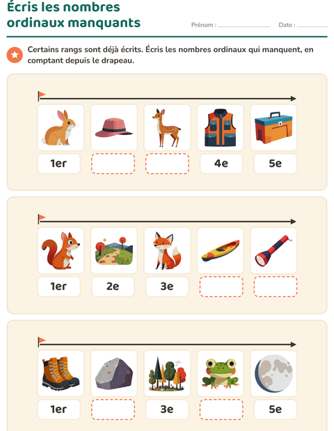 Aperçu de la fiche Les nombres ordinaux avec Camping pour CP (cours préparatoire)