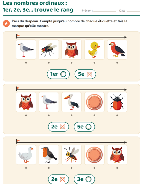 Aperçu de la fiche Les nombres ordinaux avec Choses qui volent pour École maternelle (grande section, 5-7 ans)