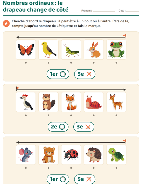 Aperçu de la fiche Les nombres ordinaux avec Créatures de la forêt pour École maternelle (grande section, 5-7 ans)