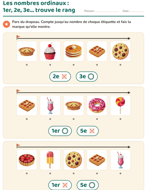 Aperçu de la fiche Les nombres ordinaux avec Desserts et sucreries pour École maternelle (grande section, 5-7 ans)