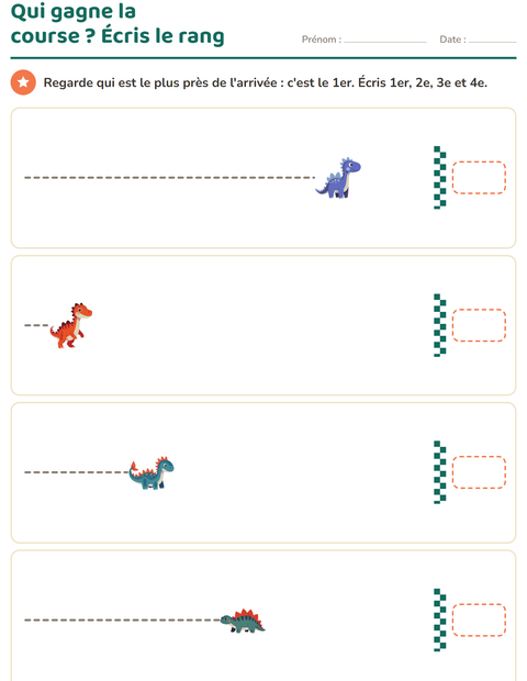 Aperçu de la fiche Les nombres ordinaux avec Dinosaures pour CP (cours préparatoire)
