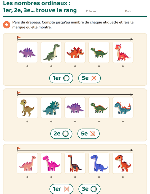 Aperçu de la fiche Les nombres ordinaux avec Dinosaures pour École maternelle (grande section, 5-7 ans)