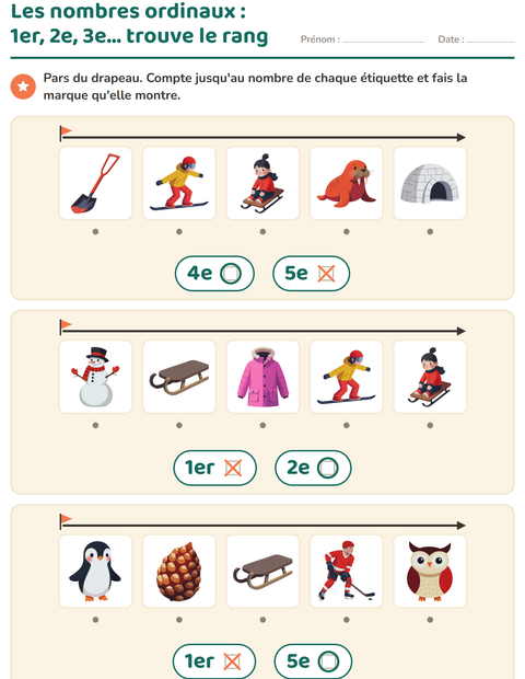 Aperçu de la fiche Les nombres ordinaux avec Hiver pour École maternelle (grande section, 5-7 ans)