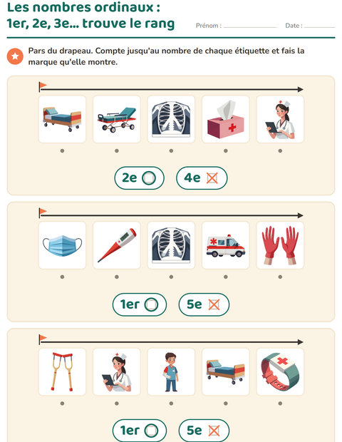Aperçu de la fiche Les nombres ordinaux avec Hôpital pour École maternelle (grande section, 5-7 ans)
