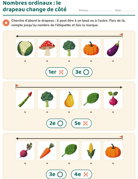 Aperçu de la fiche Les nombres ordinaux avec Légumes pour École maternelle (grande section, 5-7 ans)