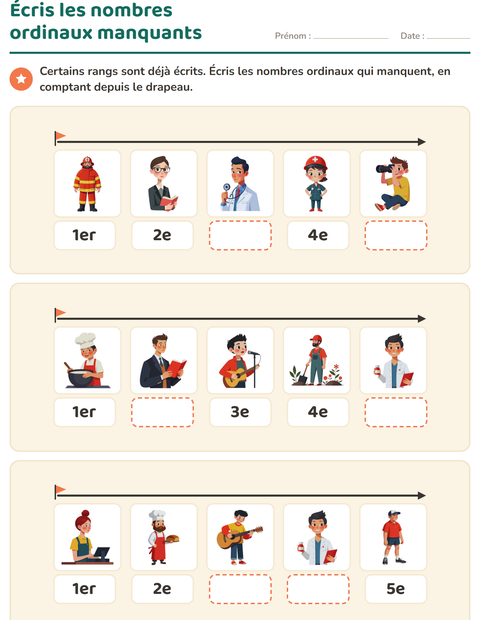 Aperçu de la fiche Les nombres ordinaux avec Métiers pour CP (cours préparatoire)