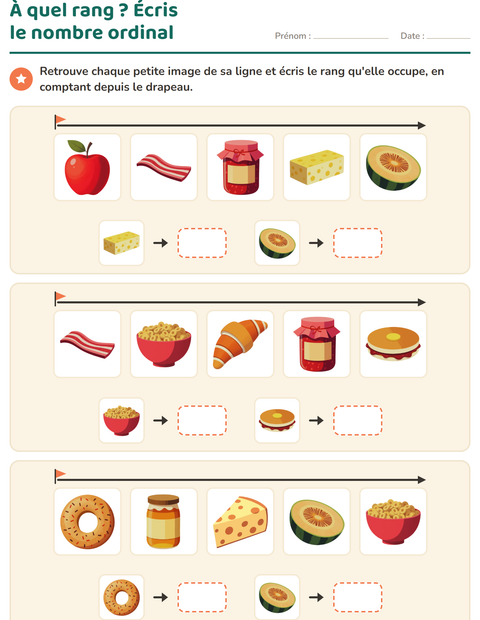 Aperçu de la fiche Les nombres ordinaux avec Petit-déjeuner pour CP (cours préparatoire)
