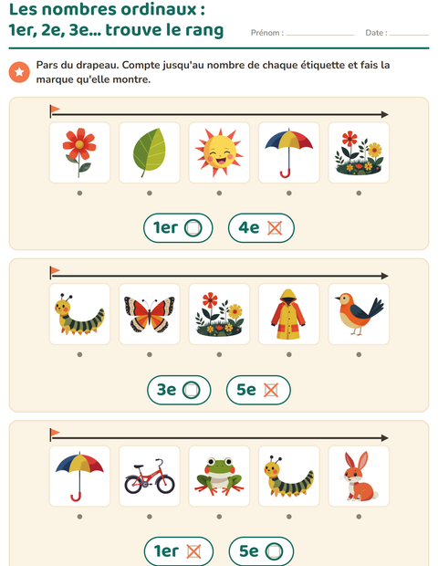Aperçu de la fiche Les nombres ordinaux avec Printemps pour École maternelle (grande section, 5-7 ans)