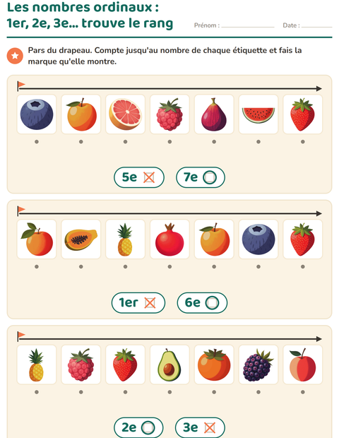 Aperçu de la fiche Les nombres ordinaux avec Fruits pour École maternelle (grande section, 5-7 ans)