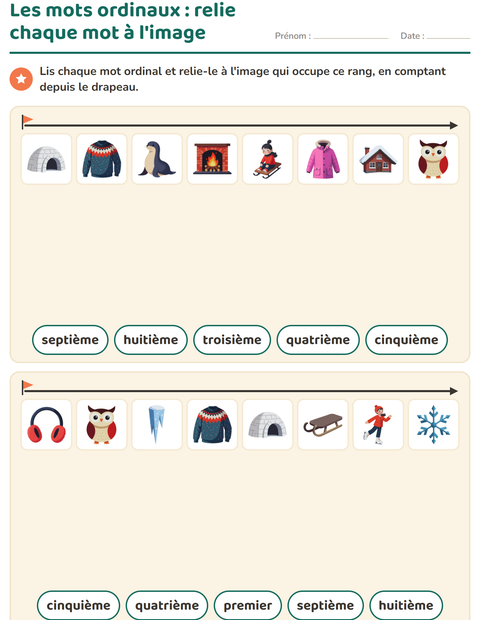 Aperçu de la fiche Les nombres ordinaux avec Hiver pour CP (cours préparatoire)