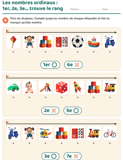 Aperçu de la fiche Les nombres ordinaux avec Jouets pour École maternelle (grande section, 5-7 ans)