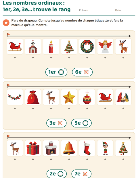 Aperçu de la fiche Les nombres ordinaux avec Noël pour École maternelle (grande section, 5-7 ans)