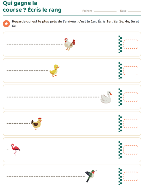 Aperçu de la fiche Les nombres ordinaux avec Oiseaux 2 pour CP (cours préparatoire)