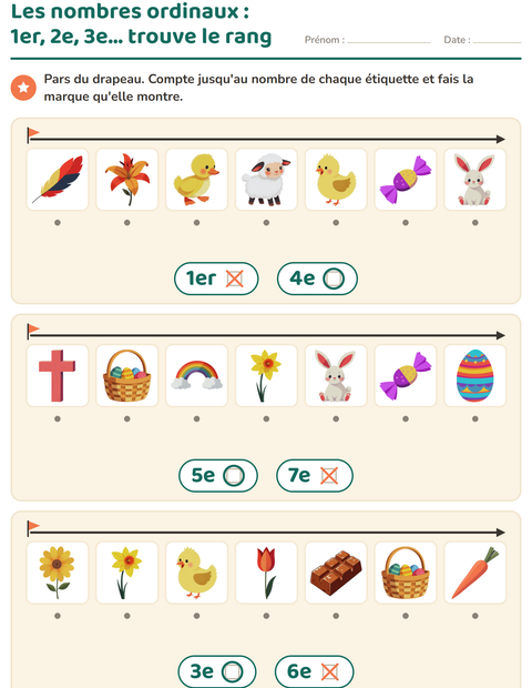 Aperçu de la fiche Les nombres ordinaux avec Pâques pour École maternelle (grande section, 5-7 ans)