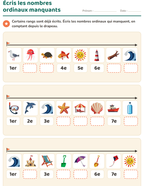 Aperçu de la fiche Les nombres ordinaux avec Plage pour CP (cours préparatoire)