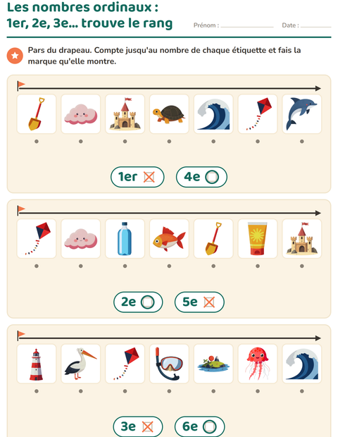 Aperçu de la fiche Les nombres ordinaux avec Plage pour École maternelle (grande section, 5-7 ans)