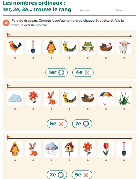 Aperçu de la fiche Les nombres ordinaux avec Printemps pour École maternelle (grande section, 5-7 ans)