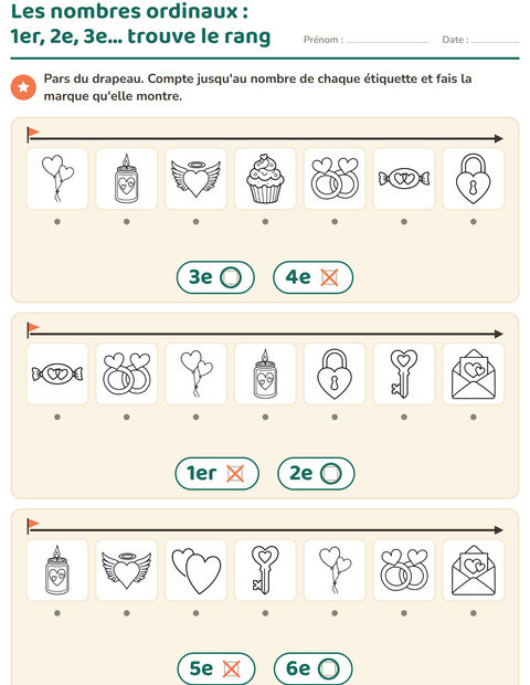 Aperçu de la fiche Les nombres ordinaux avec Saint-Valentin NB pour École maternelle (grande section, 5-7 ans)